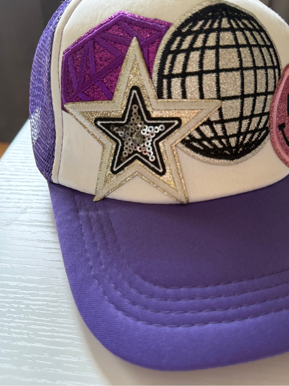 Cheerful & Fun Purple White Patch Trucker Hat with Disco Globe & Smiley - Picture 2 of 5